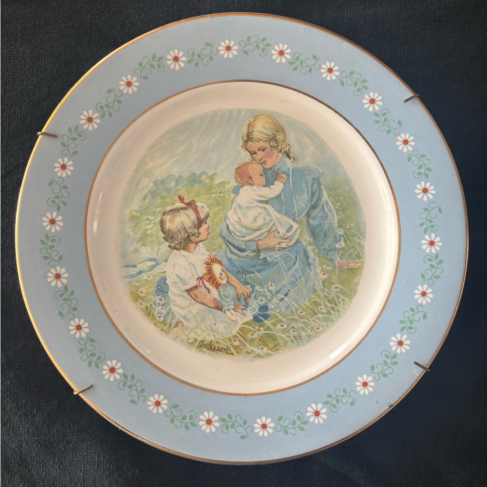 Blue and Green Vintage Dinnerware Plate with Pastoral Scene. Wall hang indoor co